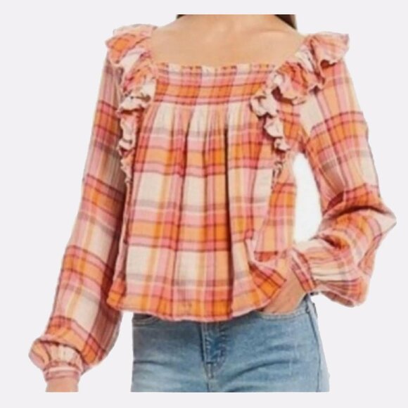Free People Tea Combo Sienna Plaid Ruffle Blouse Multi XS - Picture 10 of 14